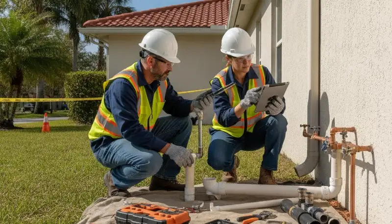 Lakeland, FL plumbing repair technician servicing a home water line and leak issue