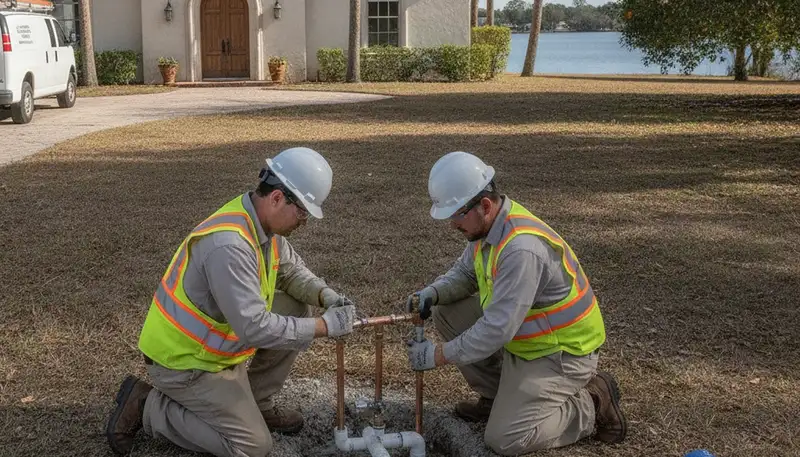 Lakeland, FL plumbing repair technician servicing a residential pipe leak for local home plumbing service